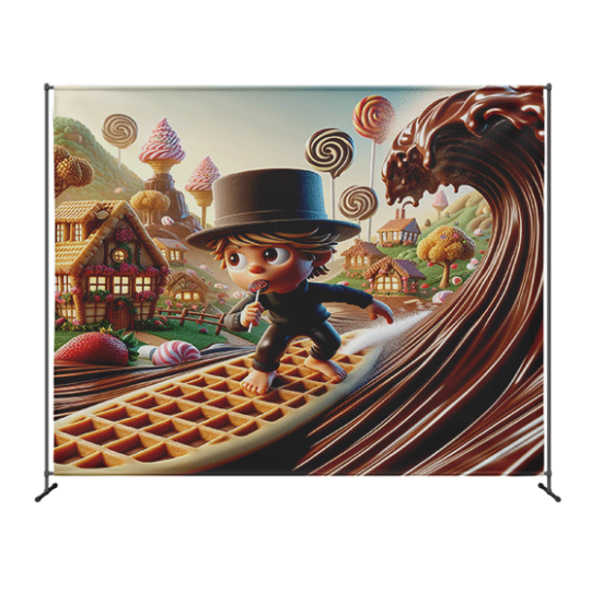 fantastical backdrop candy village with houses and lollipop tree a young boy licking a candy rides a waffle surfboard