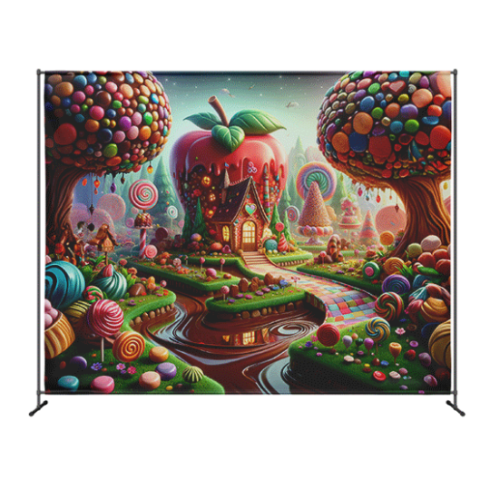 Magical background of an apple candy store with candy trees and a chocolate river and colorful candies on a stick